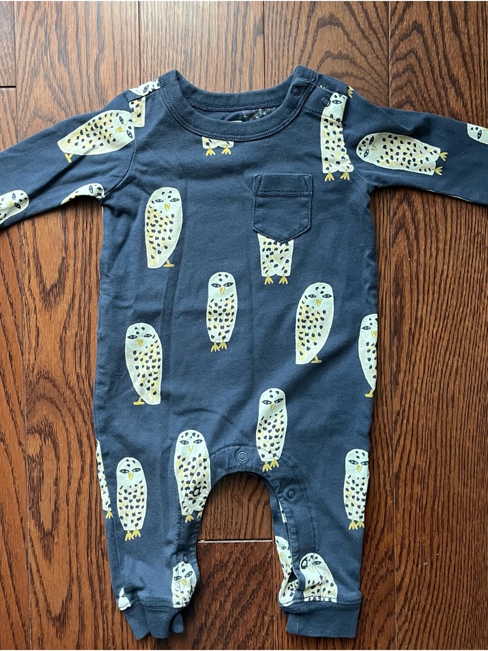 Tea Collection Navy Blue Owl Print One-Piece Bodysuit with Yellow Accents